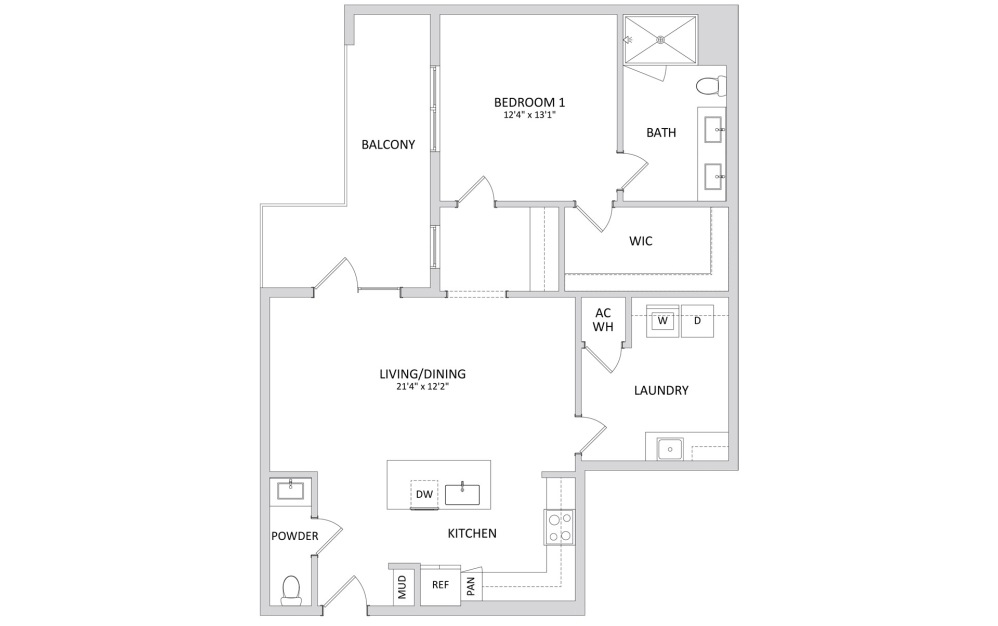 A5 - 1 bedroom floor plan layout with 1 bathroom and 1046 square feet