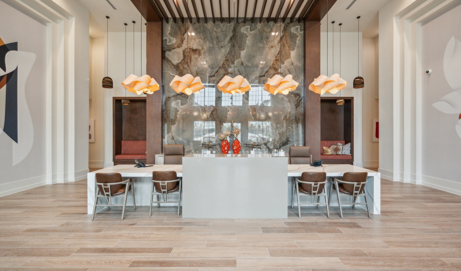 white countertop with comfortable seasong and luxury lighting